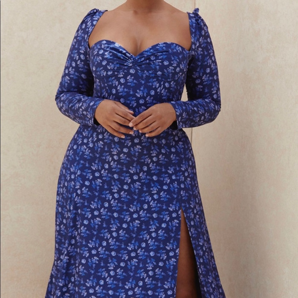 House of CB Sapphire Puff Sleeve Floral Midi Dress